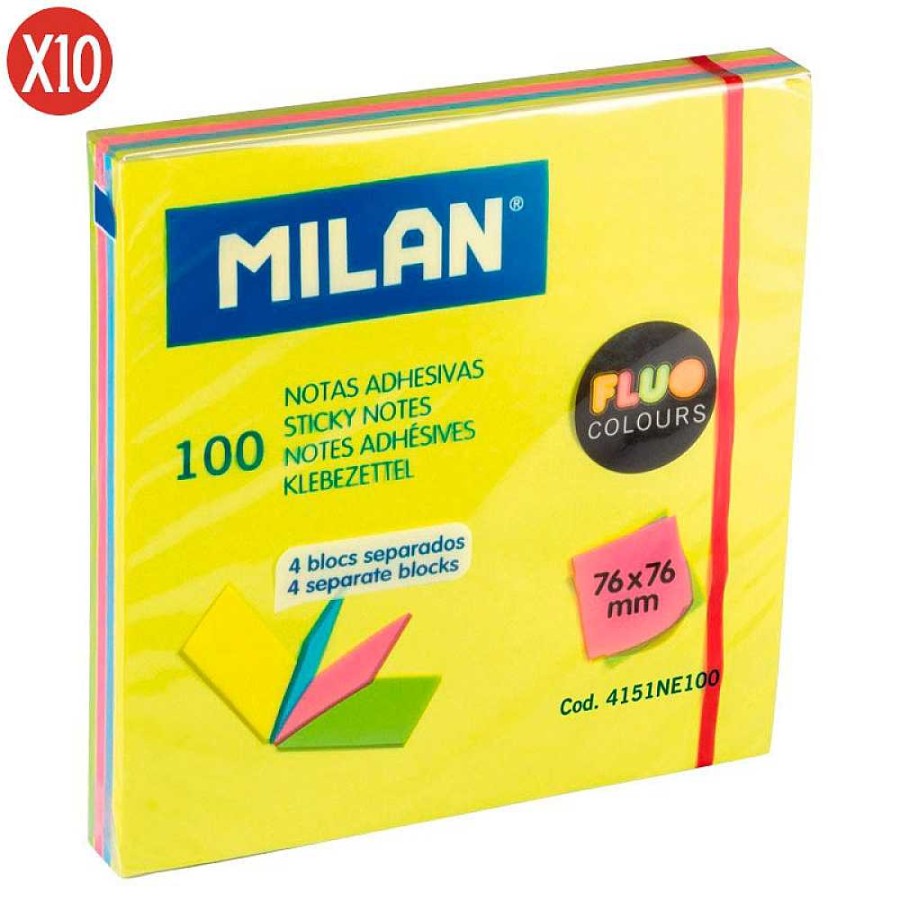 Papeler A Milan Blocs Notas | Pack 10 Bloc 100 Notas Adhesivas 4 Colores Fl Or 76X76Mm